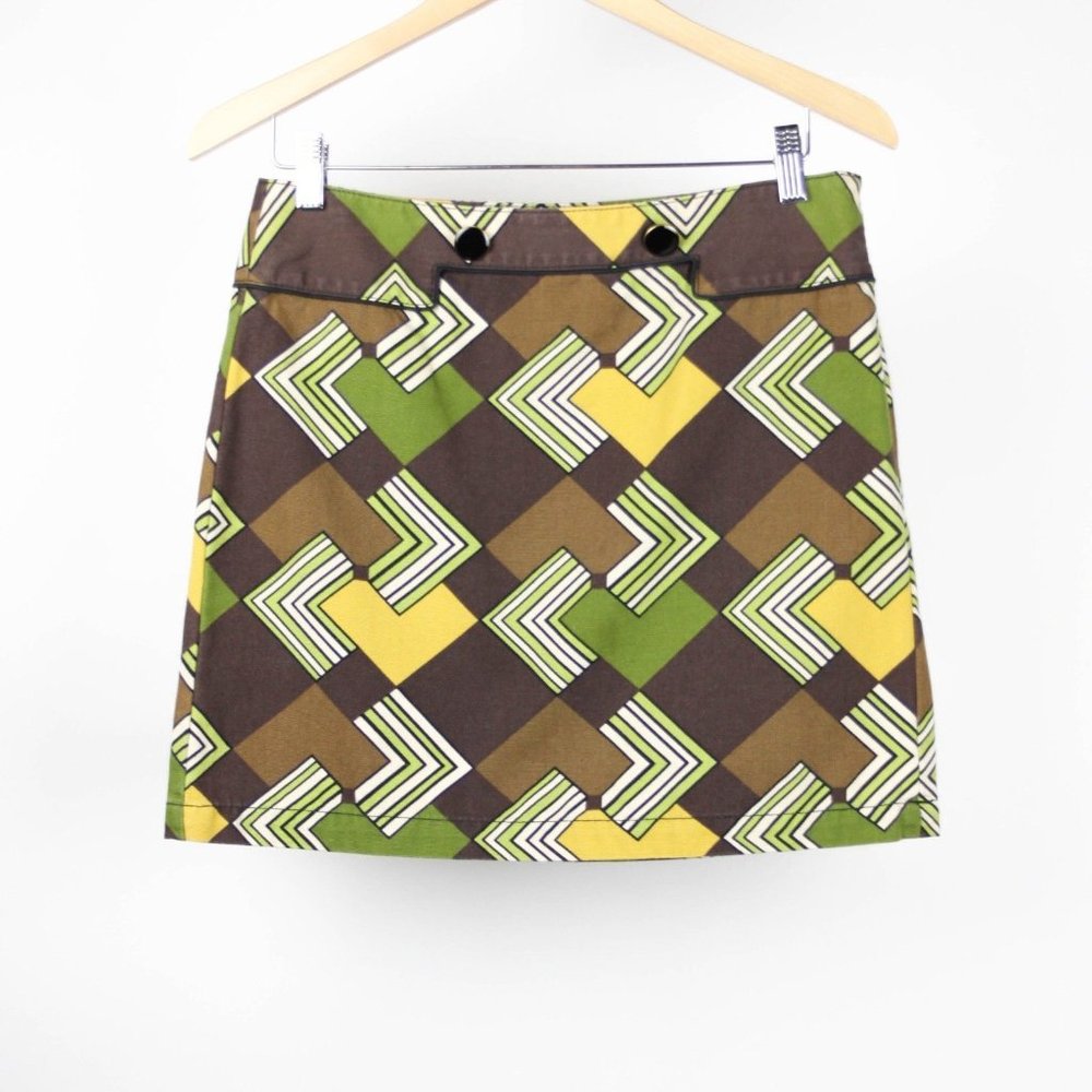 LOFT 8 Geometric Mustard Yellow Olive Green Retro Button Skirt vintage